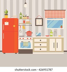Vector illustration of kitchen interior. Flat minimalistic style and retro colors.