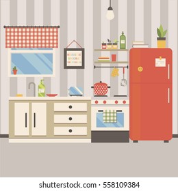 Vector illustration of kitchen interior. Flat minimalistic style and retro colors.