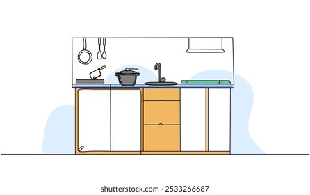 Ilustração vetorial do interior da cozinha. Plano moderno em estilo de linha contínua.