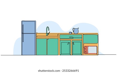 Ilustración vectorial del interior de la cocina. Piso moderno en estilo línea continua.