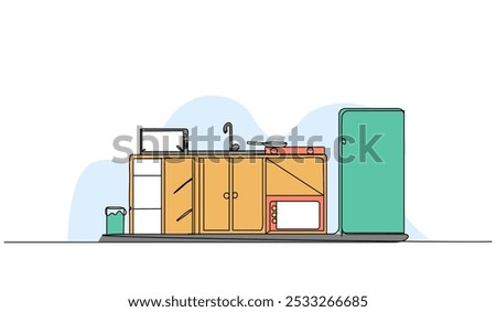 Vector illustration of kitchen interior. Modern flat in continuous line style.