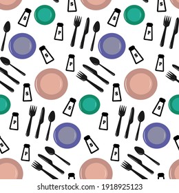 Vektorgrafik mit Küchenartikeln zum Essen. Muster mit Küchenutensilien - Platten, Besteck. Illustration zur Verwendung im Restaurant, Café-Menü, Scrapbooking und Tapete.