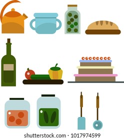 vector illustration of kitchen items jars, food, bottles, ladle, spatula without background