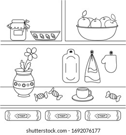 Ilustración vectorial con artículos de cocina, jarrón, tazón con manzanas, toalla, Taza, caramelos. Libro de colorear para niños, página cuadrada. Doodle, un boceto del interior.