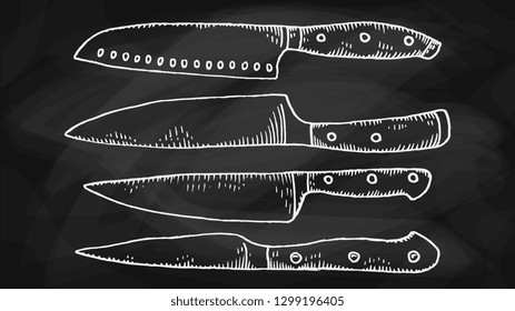 Vector Illustration of Kitchen Knives Set Chalkboard Sketch Style