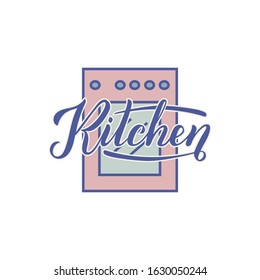 Vector illustration of kitchen lettering for banner, leaflet, poster, logo, advertisement, price list, web design. Handwritten text for template, signage, billboard, print, flyer of furniture shop
