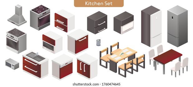 Vector illustration of kitchen modern interior furniture set. Isometric view of stove, kitchen hood, cabinets, sink, microwave, electric kettle, dinner tables, chairs, refrigerator isolated objects