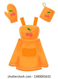 Vector illustration of kitchen orange apron, oven glove with cherry drawing isolated on white background