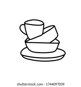 Vector Illustration of a Kitchen Ream Dishes. Doodle Empty Plates and Mug. Line and Outline Cooking Elements. Isolated on white background.  Hand drawn icon objects. Cute Utensil.