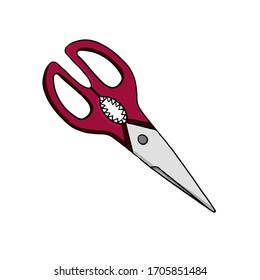 Ilustración vectorial de las tijeras de cocina con una cáscara para tuercas. Artículos de cocina hechos a mano para el diseño.