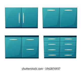 Vector illustration of a kitchen set in a cartoon style. Cabinets, shelves. Isolated on white background
