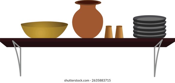 Ilustração vetorial da prateleira da cozinha com utensílios - Pote de argila, placas, tigelas e Shakers de especiarias decorados em rack de parede de madeira