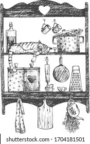 Vector illustration of a kitchen shelves with a cat sitting on it. Cute sweet home scene with pet and kitchenware. Pot, towels, board, grater, dishes, cutlery, mug. Vintage hand drawn engraving etched