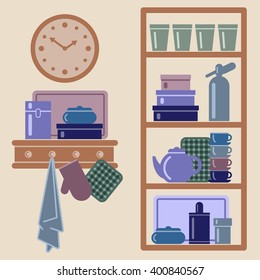 Vector illustration with kitchen shelves and cooking utensils. Grouped for easy editing. 