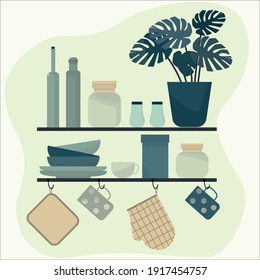 Ilustración vectorial de las estanterías de cocina con vasos, placas y otros utensilios de cocina.
