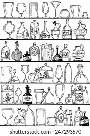 vector - illustration kitchen shelves with objects, glasses. bottles, boxes, beer mug, cocktail glass - pattern