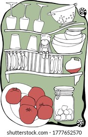 VECTOR ILLUSTRATION KITCHEN SHELVES FOR STORING AND MAINTAINING DISHES,PLATES,GLASSES,FOOD