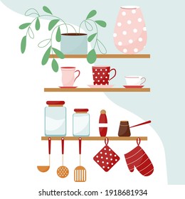 Vector illustration with kitchen shelves and kitchen utensils. A set of cups, flower, vase, potholders.