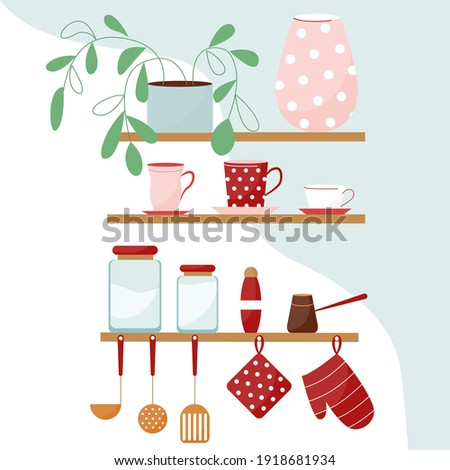 Vector illustration with kitchen shelves and kitchen utensils. A set of cups, flower, vase, potholders.
