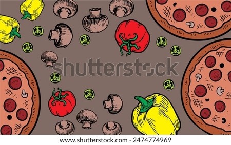Vector illustration of kitchen spices icon, Illustration of kitchen ingredients, Vector illustration of pizza icon, Pizza illustration, Fast food icon.