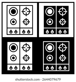 Ilustração vetorial de um fogão de cozinha com queimadores e botões de controle em estilo de ícone preto e branco, ideal para cozinhar, aparelhos e projetos de interface de cozinha.