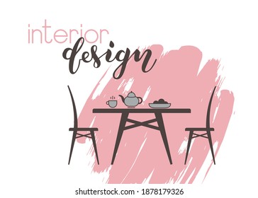 Vector illustration of kitchen table with brush lettering for a furniture store. Stylish badge, card, invitation, banner template. Furniture lettering typography poster. EPS 10