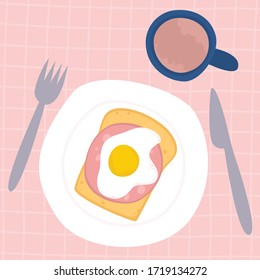 Vector illustration of a kitchen table, plate with food and drink mug. Cartoon drawing of a toast with sausage and fried egg, and a cup of coffee. Image of a breakfast sandwich with bacon and egg.