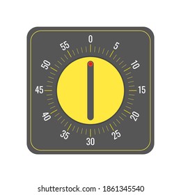 Vector illustration of a kitchen timer, in a minimalistic flat style. Dark gray icon design template with yellow center and tick marks, with a radio button in the middle.