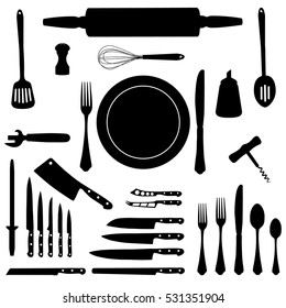 Vector illustration kitchen tool collection black silhouette. Kitchen utensil icon set. Cutlery icons