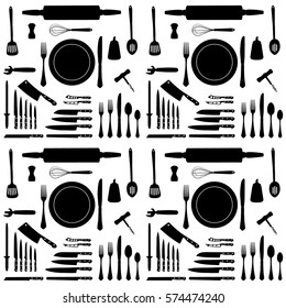 Vector illustration kitchen tool collection black silhouette. Kitchen utensil icon set. Cutlery icons