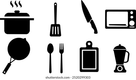 Vector illustration of kitchen tools icon set featuring oven, blender, knife, cutting board, spatula, fork, spoon, frying pan, and pot in a clean modern style.