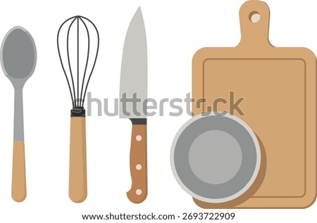 “Flat Vector Illustration of Kitchen Tools — Spoon, Whisk, Knife, Bowl, and Cutting Board”