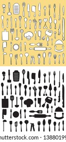 vector illustration of  kitchen utensil collection in line art and silhouette mode