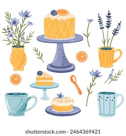 Ilustración vectorial de utensilios de cocina, soporte para tartas, flores de lavanda, taza azul. Conjunto de Imágenes Clipart sobre fondo blanco, estilo de diseño plano con líneas simples, textura de grano. Lindos dibujos animados. 