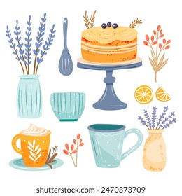 Ilustración vectorial de utensilios de cocina, soporte para tartas, flores de lavanda, taza azul. Conjunto de Imágenes Clipart sobre fondo blanco, estilo de diseño plano con líneas simples, textura de grano. Lindos dibujos animados. 