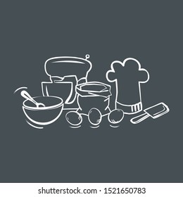 Vector illustration of kitchen utensils. Confectionery tools. Confectioner's inventory. Cooking sweets. Blender, eggs, chef's hat, flour, dishes.