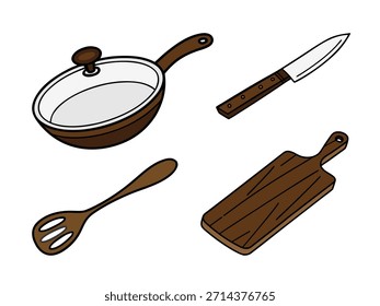 Ilustración vectorial de utensilios de cocina. sartén con tapa, cuchillo de chef, cuchara ranurada y tabla de cortar de madera. Cocina, concepto culinario.