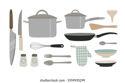 Vector illustration of kitchen utensils. Knife, pan, salt, and pepper shaker, frying pan, whisk, plate, spoon, and fork, spatula. Concept of cooking and healthy eating. Hand-drawn set in flat style.