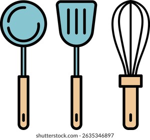 Ilustração vetorial dos utensílios de cozinha: concha, espátula e batedeira com alças de madeira isoladas sobre fundo branco|ferramentas de cozinha, utensílios, cozinhar, vetor