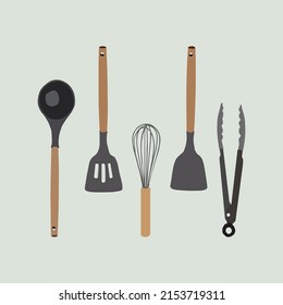 Vector illustration of Kitchen Utensils set with wooden handle, in trendy style. Editable and suitable for creative design materials such as flyers and posters. Kitchenware icons.
