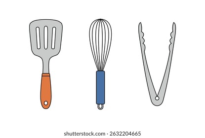 Ilustração vetorial de utensílios de cozinha - espátula, uísque e tongs isolados no branco