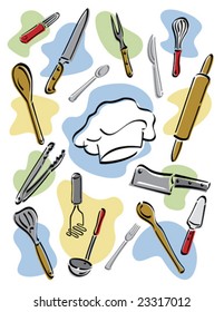 Vector illustration of kitchen utensils surrounding a chef's hat.