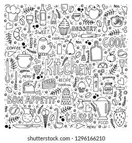 Vector illustration of kitchen utensils symbols and various desserts with hand drawn lettering. Doodle style background.