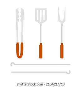 ilustración vectorial de utensilios de cocina, tongos, espátula, tenedor y brochetas para cocinar carne a la parrilla, herramientas bbq aisladas en estilo plano sobre fondo blanco