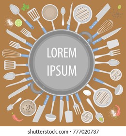Vector illustration. Kitchen utensils. Top view. Kitchenware, cookware, kitchen tools. (view from above)