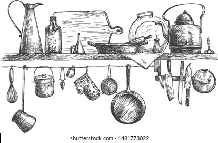 Vector illustration of kitchen wall shelf objects still life. Cooking tools. Jug, jar, cutting board, pan, kettle, pot, knife, whisk, turkish coffee maker, cup, oven mitten. Vintage hand drawn style