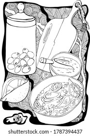 VECTOR ILLUSTRATION KITCHEN-DISH OF RISE AND SQUID RINGS,GLASSJAR WITH OLIVES,CUTTING BOARD,LEMON