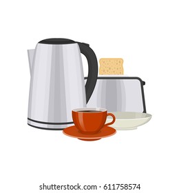 Vector illustration of kitchenware for breakfast preparing on white background. Kitchen and food preparing topic.