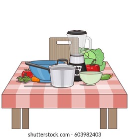 Vector illustration of kitchenware and utensil on table. Kitchen and food preparing topic. 