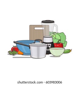 Vector illustration of kitchenware and utensil on table. Kitchen and food preparing topic. 